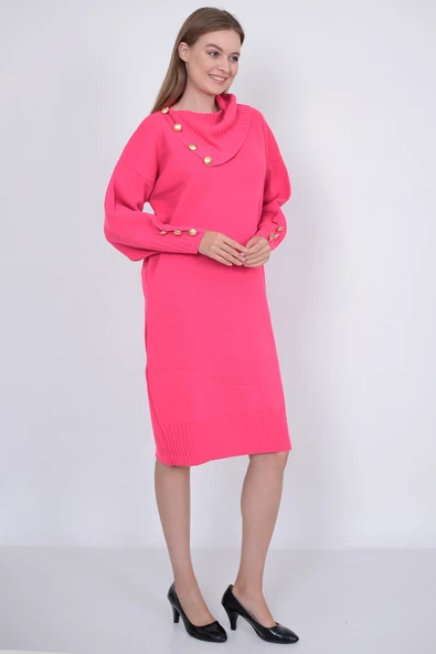 Triko Uzun Kadın Elbise Yaka Düğmeli Fujya - Resim 4