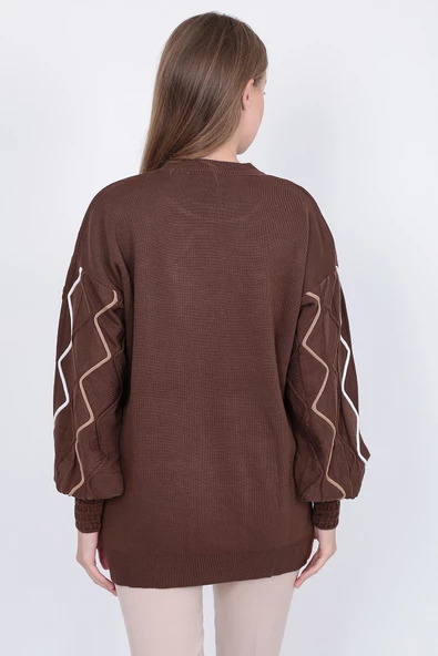 Kadın Triko Kazak Kolu Çizgili Kahverengi - Resim 6