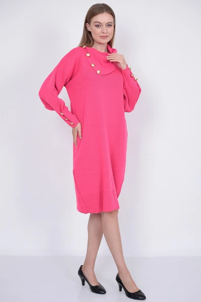 Triko Uzun Kadın Elbise Yaka Düğmeli Fujya - Resim 7