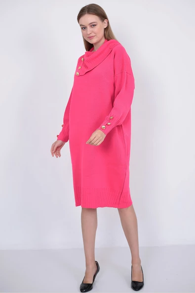 Triko Uzun Kadın Elbise Yaka Düğmeli Fujya - Resim 5