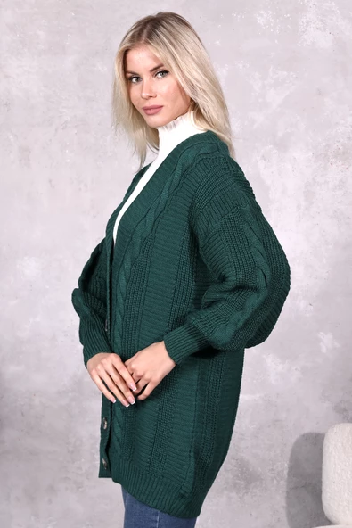 Lugmo Kadın Triko Hırka Akrilik iplik 80 cm Saç Örgülü Zümrüt Yeşili (80cm) - 3
