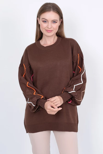 Kadın Triko Kazak Kolu Çizgili Kahverengi - Resim 3