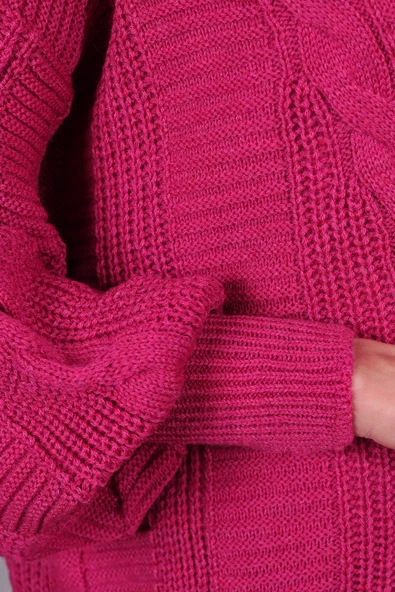 Lugmo Kadın Triko Hırka Akrilik iplik 80 cm Saç Örgülü Fuşya (80) - 6