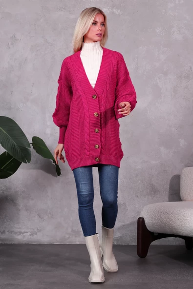 Lugmo Kadın Triko Hırka Akrilik iplik 80 cm Saç Örgülü Fuşya (80) - 4