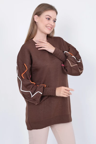 Kadın Triko Kazak Kolu Çizgili Kahverengi - Resim 7