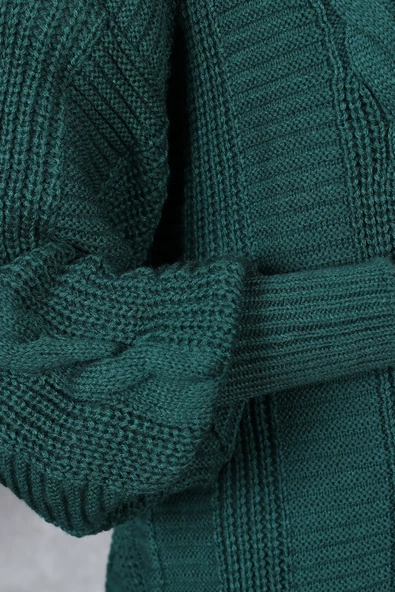 Lugmo Kadın Triko Hırka Akrilik iplik 80 cm Saç Örgülü Zümrüt Yeşili (80cm) - 7