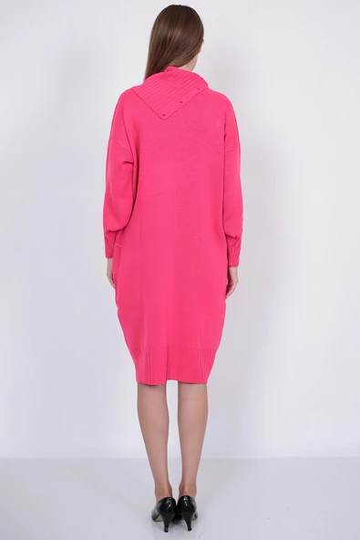 Triko Uzun Kadın Elbise Yaka Düğmeli Fujya - Resim 6