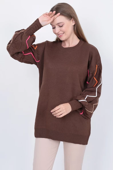 Kadın Triko Kazak Kolu Çizgili Kahverengi - Resim 5