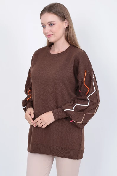Kadın Triko Kazak Kolu Çizgili Kahverengi - Resim 8