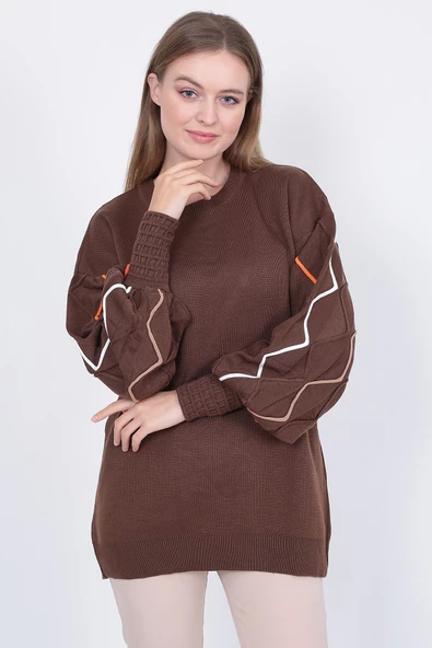 Kadın Triko Kazak Kolu Çizgili Kahverengi - Resim 4