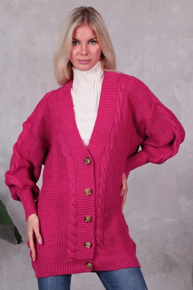 Lugmo Kadın Triko Hırka Akrilik iplik 80 cm Saç Örgülü Fuşya (80) - 7