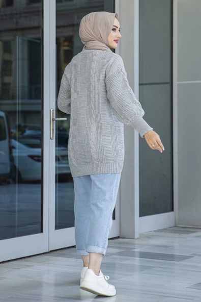 Lugmo Kadın Triko Hırka Akrilik iplik 80 cm Saç Örgülü Gri - 5