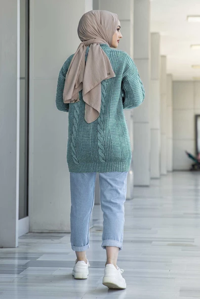 Lugmo Kadın Triko Hırka Akrilik iplik 80 cm Saç Örgülü Su Yeşili - 3