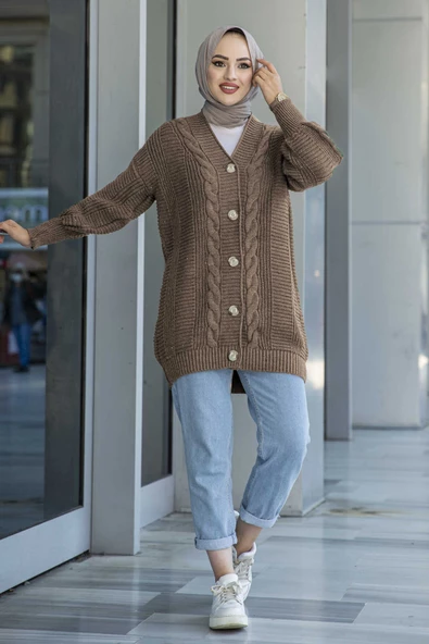 Lugmo Kadın Triko Hırka Akrilik iplik 80 cm Saç Örgülü Vizon - 2