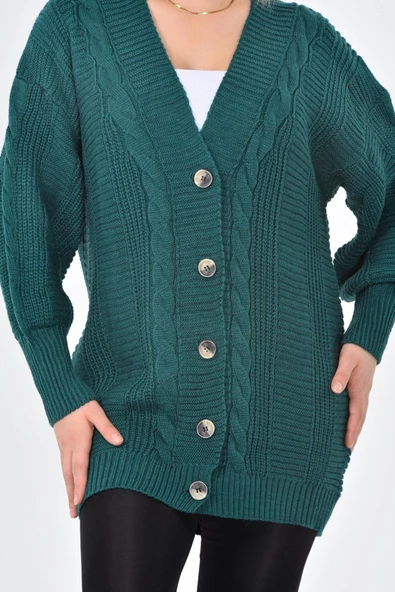 Lugmo Kadın Triko Hırka Akrilik iplik 80 cm Saç Örgülü Zümrüt Yeşili - Resim 4