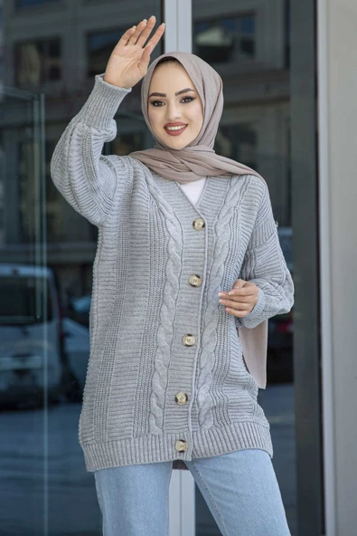 Lugmo Kadın Triko Hırka Akrilik iplik 80 cm Saç Örgülü Gri - 2