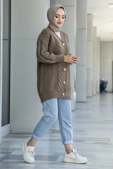 Lugmo Kadın Triko Hırka Akrilik iplik 80 cm Saç Örgülü Vizon - 3