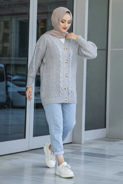 Lugmo Kadın Triko Hırka Akrilik iplik 80 cm Saç Örgülü Gri - 4