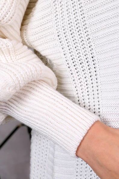 Lugmo Kadın Triko Hırka Akrilik iplik 80 cm Saç Örgülü Ekru (80cm) - Resim 6