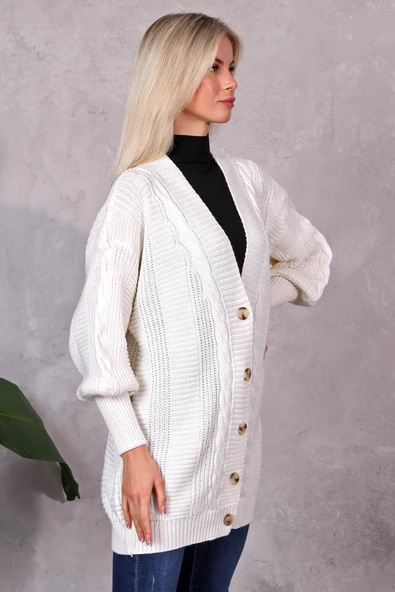 Lugmo Kadın Triko Hırka Akrilik iplik 80 cm Saç Örgülü Ekru (80cm) - Resim 3