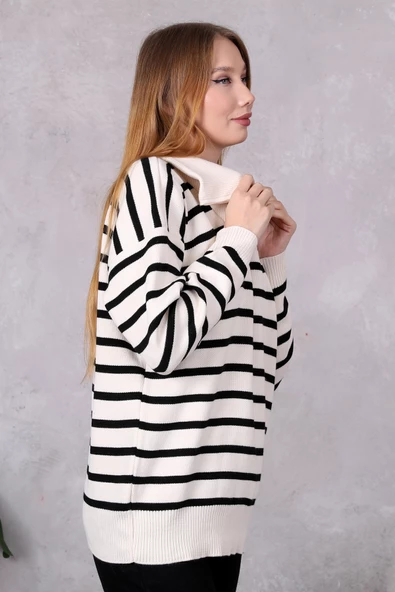 Kadın Kamyoncu Yaka Oversize Çizgili Fermuarlı Uzun Triko Kazak Ten Rengi - Resim 8