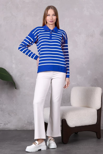 Kadın Polo Yaka Oversize Çizgili Fermuarlı Triko Kazak Saks Mavi - 5