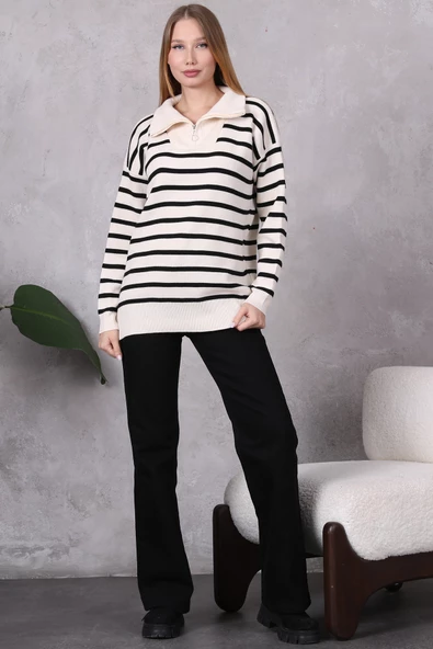 Kadın Kamyoncu Yaka Oversize Çizgili Fermuarlı Uzun Triko Kazak Ten Rengi - Resim 10