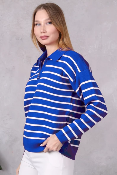 Kadın Polo Yaka Oversize Çizgili Fermuarlı Triko Kazak Saks Mavi - 3