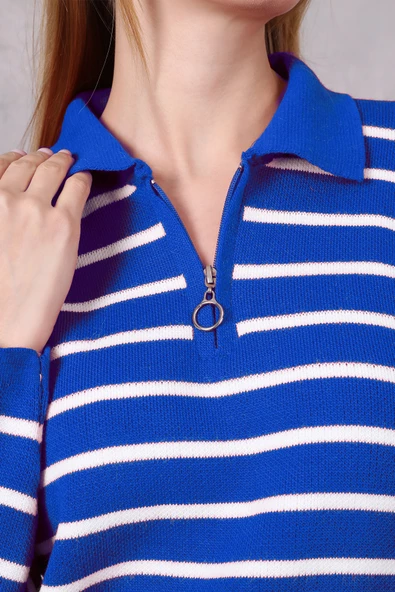 Kadın Polo Yaka Oversize Çizgili Fermuarlı Triko Kazak Saks Mavi - 4