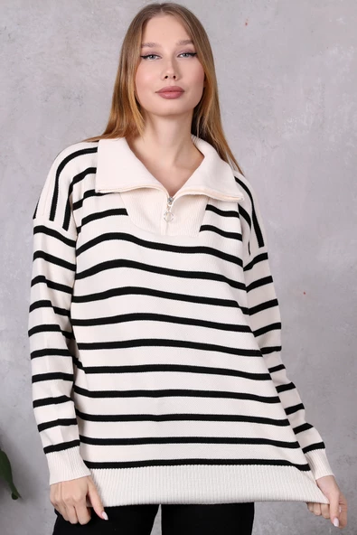 Kadın Kamyoncu Yaka Oversize Çizgili Fermuarlı Uzun Triko Kazak Ten Rengi - Resim 4