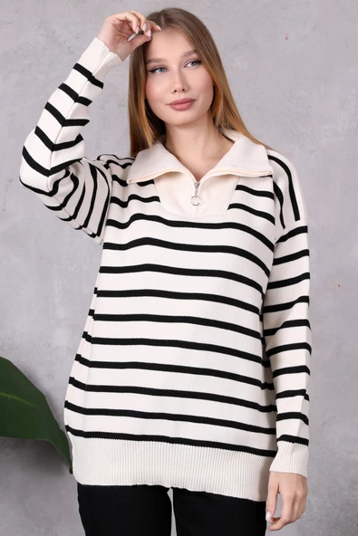 Kadın Kamyoncu Yaka Oversize Çizgili Fermuarlı Uzun Triko Kazak Ten Rengi - Resim 2