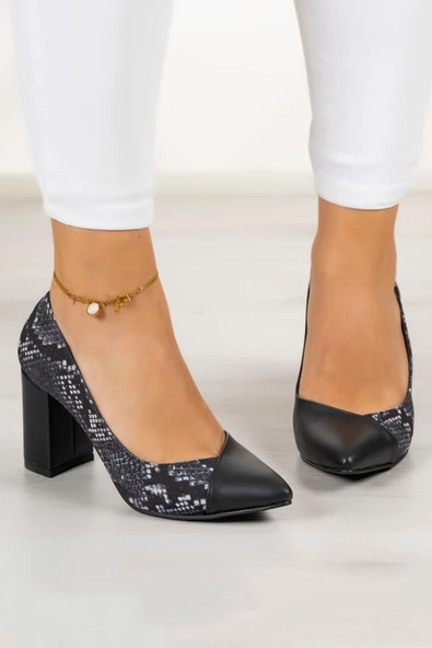 Erkan Saçmacı Belinda Siyah Vegan Yılan Desenli Jatqılı Kalın Topuklu Ayakkabı - 3