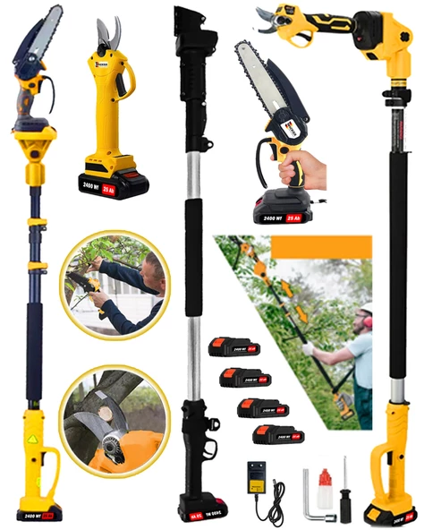 Wacker Pro Germany 2400 Wf Yellow 4 ADET Akülü Dal Budama + Bağ Makası Akülü 2.7 Metre Teleskopik Hediyeli