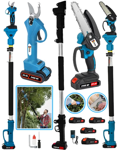 Wacker Pro Alman 4 ADET Akülü Blue 2400 Wf Bağ Makası + Dal Budama + 2.7 Metre Teleskopik Hediyeli