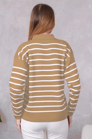 Kadın Polo Yaka Oversize Çizgili Fermuarlı Triko Kazak Vizon - Resim 2