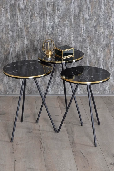 Zigon Sehpa Siyah Metal Ayak Çift Altın Bendir 1081 - Resim 2