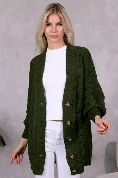 Lugmo Kadın Triko Hırka Akrilik iplik 80 cm Saç Örgülü Haki - 3