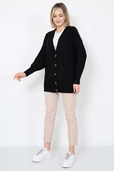 Lugmo Kadın Triko Hırka Akrilik iplik 80 cm Saç Örgülü Siyah - 10