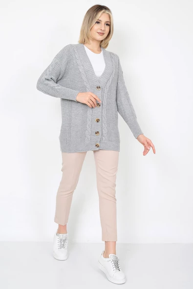 Lugmo Kadın Triko Hırka Akrilik iplik 80 cm Saç Örgülü Gri - 5