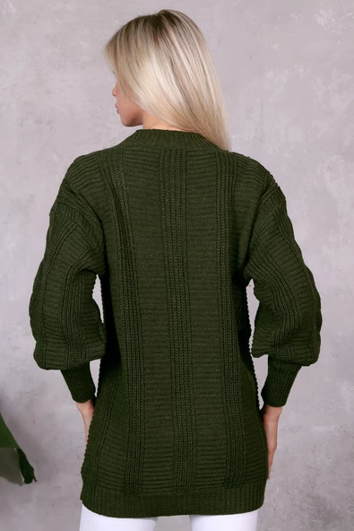 Lugmo Kadın Triko Hırka Akrilik iplik 80 cm Saç Örgülü Haki - 10