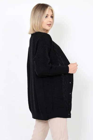 Lugmo Kadın Triko Hırka Akrilik iplik 80 cm Saç Örgülü Siyah - 6