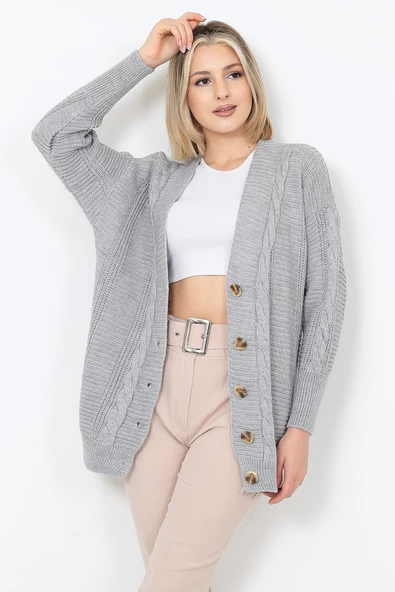 Lugmo Kadın Triko Hırka Akrilik iplik 80 cm Saç Örgülü Gri