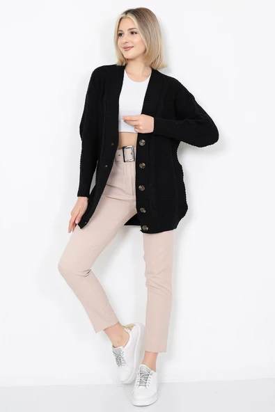 Lugmo Kadın Triko Hırka Akrilik iplik 80 cm Saç Örgülü Siyah - 8