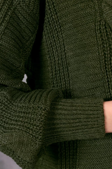 Lugmo Kadın Triko Hırka Akrilik iplik 80 cm Saç Örgülü Haki - 8