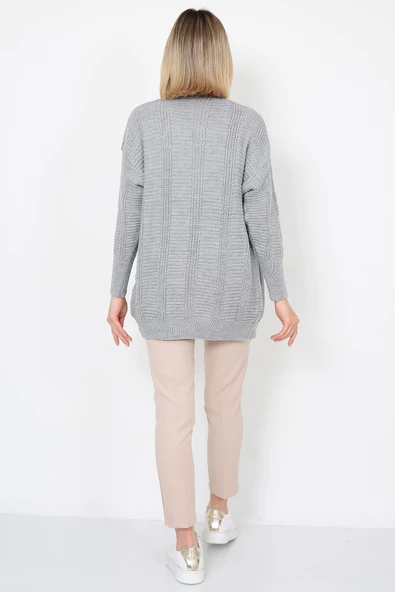 Lugmo Kadın Triko Hırka Akrilik iplik 80 cm Saç Örgülü Gri - 9