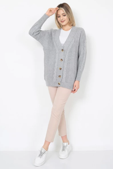 Lugmo Kadın Triko Hırka Akrilik iplik 80 cm Saç Örgülü Gri - 6