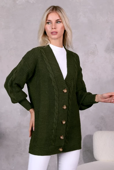 Lugmo Kadın Triko Hırka Akrilik iplik 80 cm Saç Örgülü Haki - 4