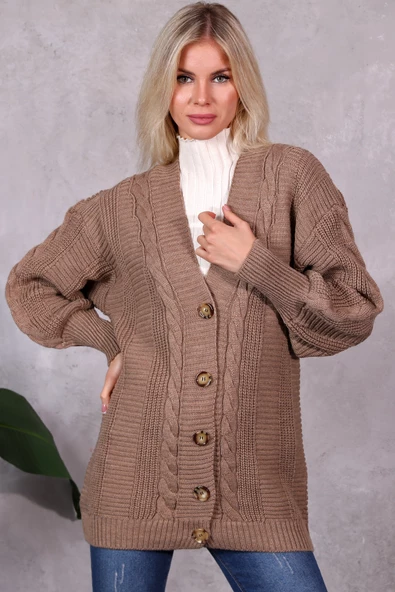 Lugmo Kadın Triko Hırka Akrilik iplik 80 cm Saç Örgülü Vizon (80cm) - 4