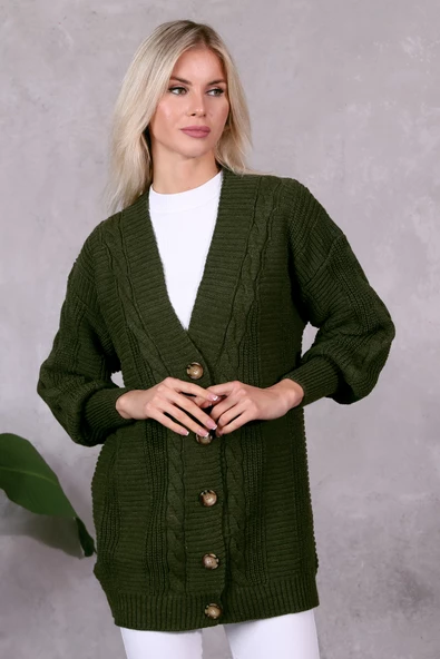 Lugmo Kadın Triko Hırka Akrilik iplik 80 cm Saç Örgülü Haki - 12