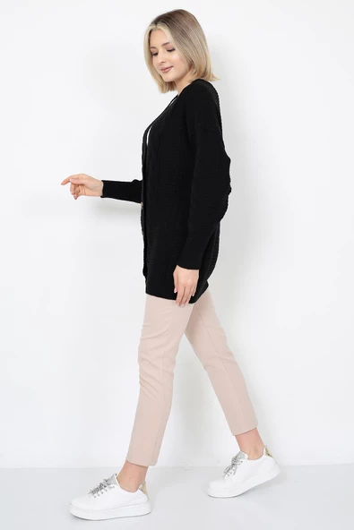 Lugmo Kadın Triko Hırka Akrilik iplik 80 cm Saç Örgülü Siyah - 4